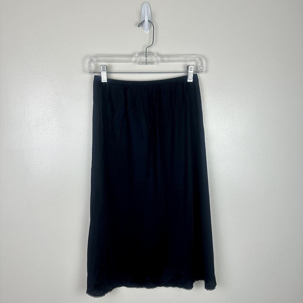 Vintage Vanity Fair Womens Nylon 1/2 Slip Medium Black Lace Trim Back Slit Retro